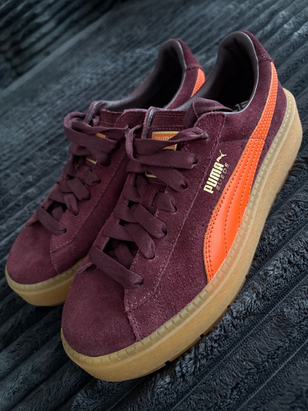 Puma Suede Platform Sneakers in Burgundy with Orange Stripe